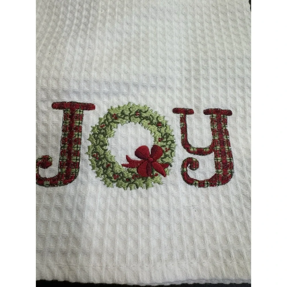 2‎ Cotton Hand Towel Christmas Embroidered Joy Wreath & Candy Cain Holly Waffle